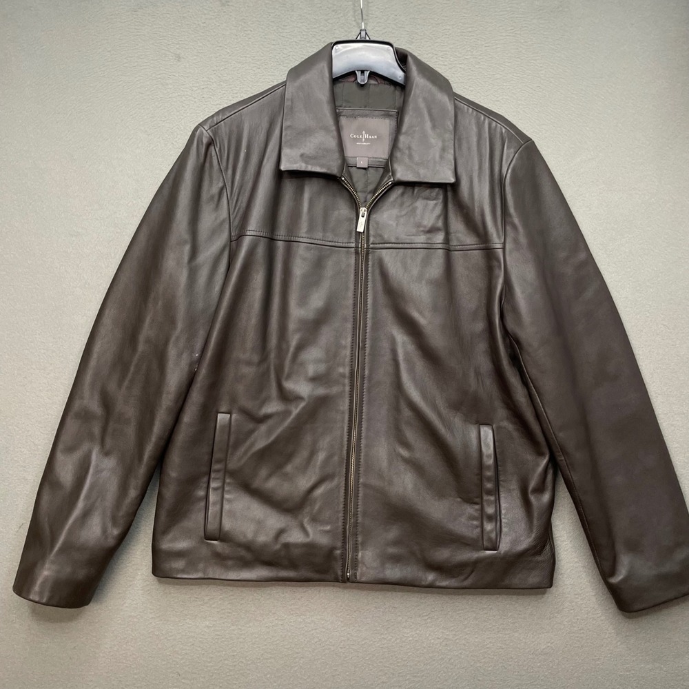 Cole Haan Men Lambskin Leather Jacket L Dark Brown Zip Minimalist Quiet Luxury